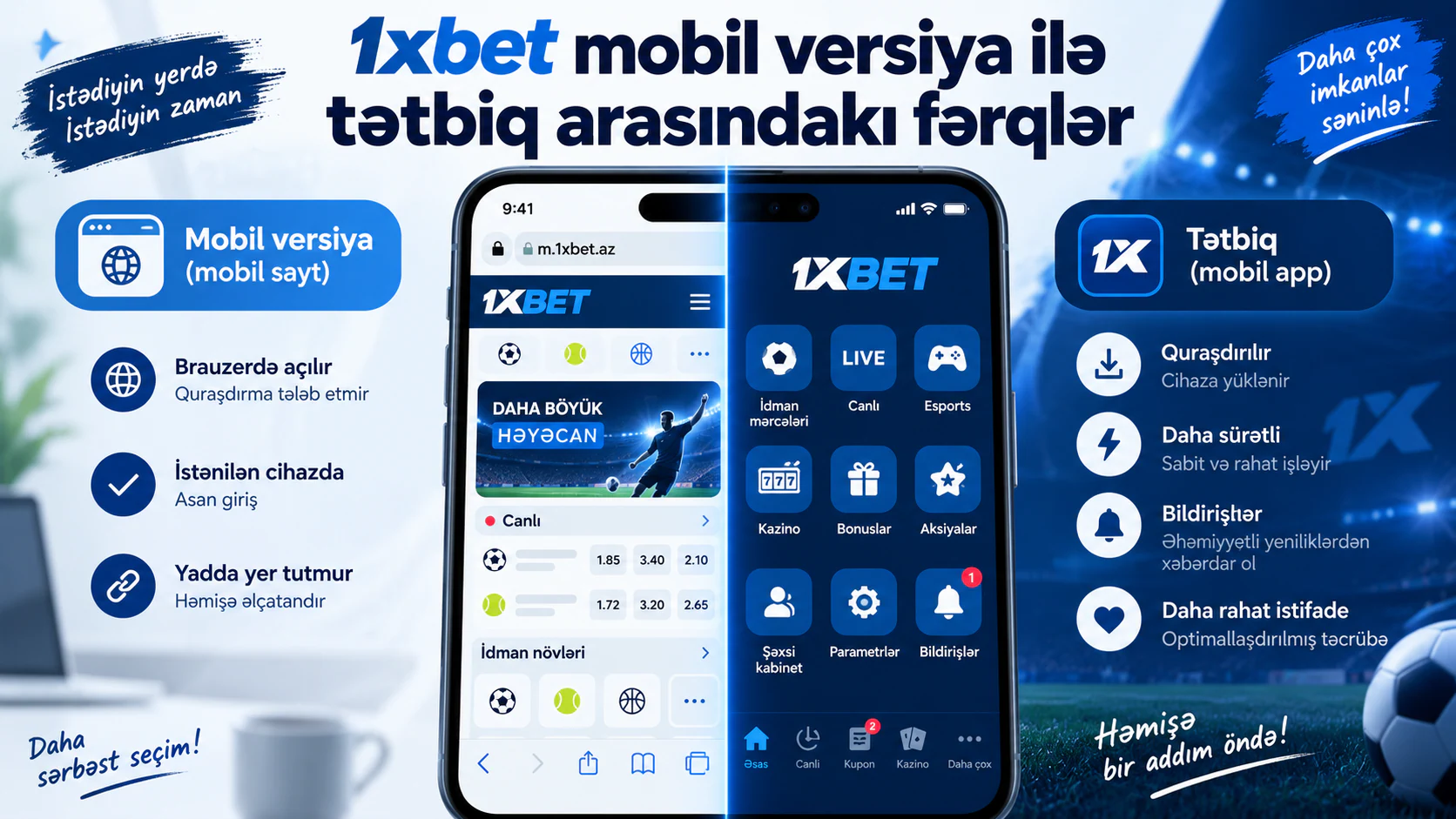 1xBet tətbiqi və mobil versiya: əsas imkanların müqayisəsi